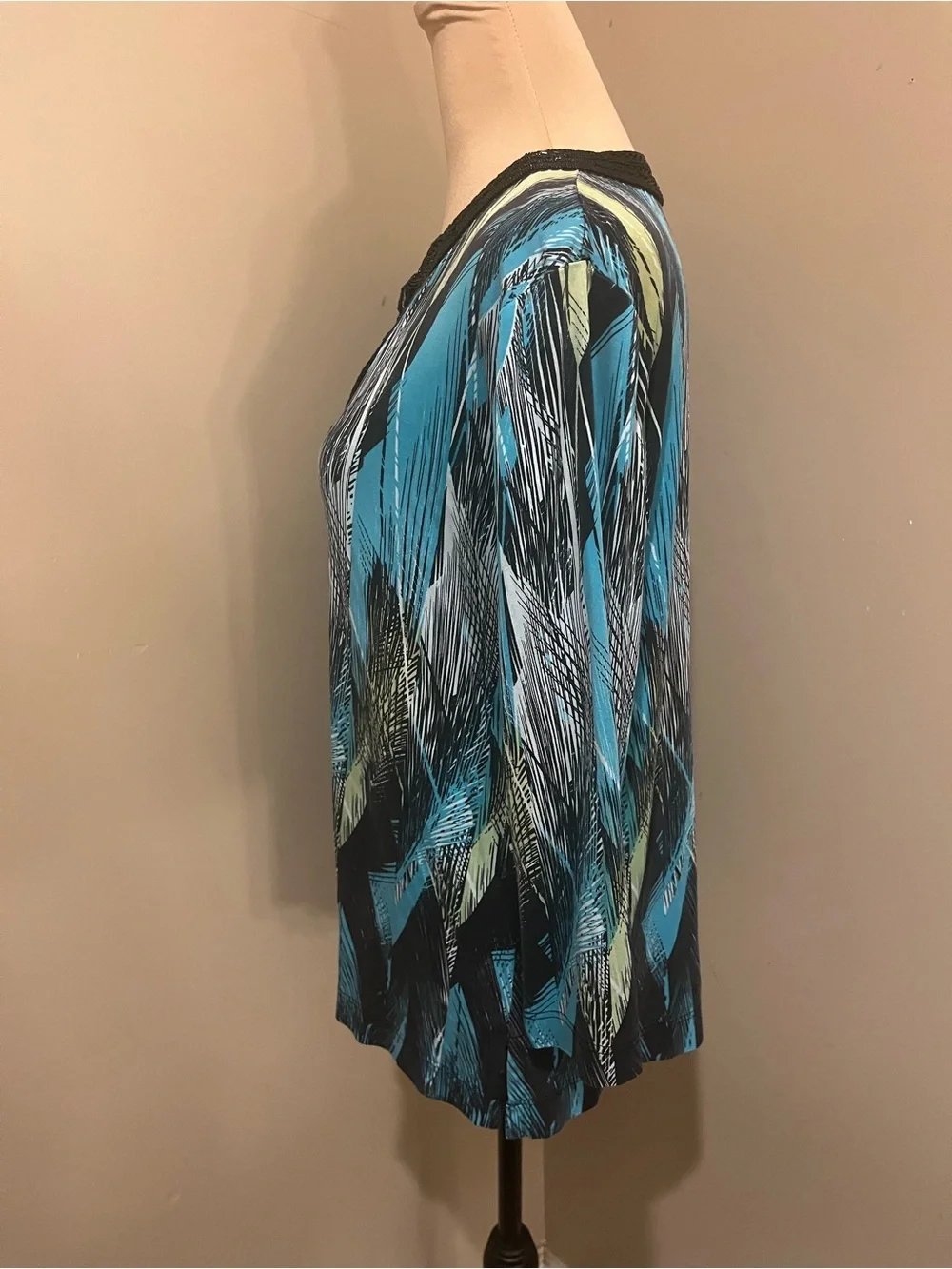 Etcetera Turquoise Patterned Deep V-Neck Tunic with Black Beaded Trim, Medium
